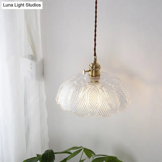 Modern Brass Pendant Lamp With Etched Prismatic Glass Dome For Living Room Lighting