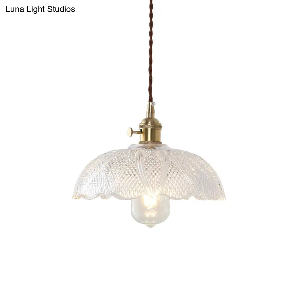 Modern Brass Pendant Lamp With Etched Prismatic Glass Dome For Living Room Lighting