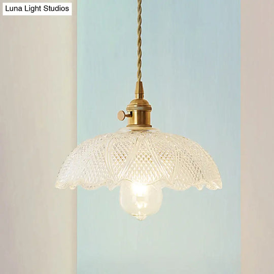 Modern Brass Pendant Light With Etched Glass Dome For Living Room Clear