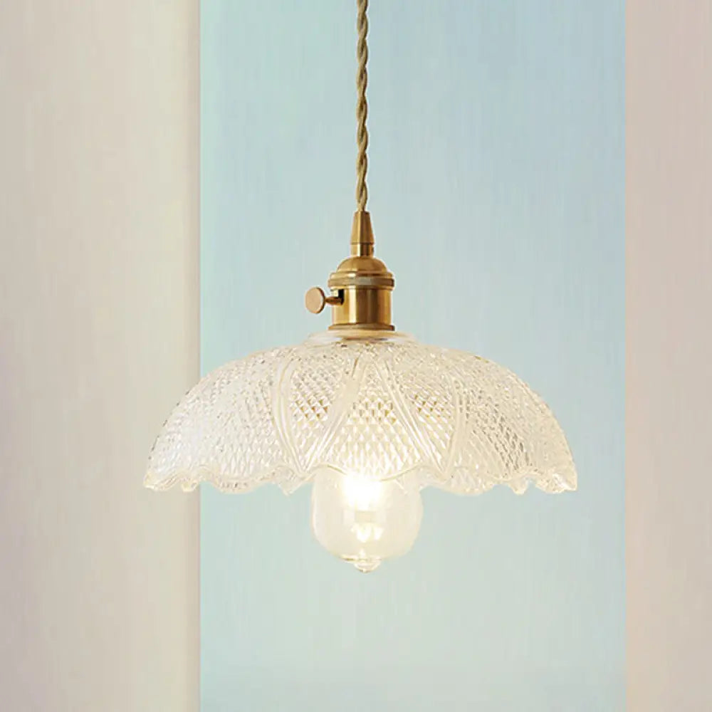 Modern Brass Pendant Lamp With Etched Prismatic Glass Dome For Living Room Lighting Clear