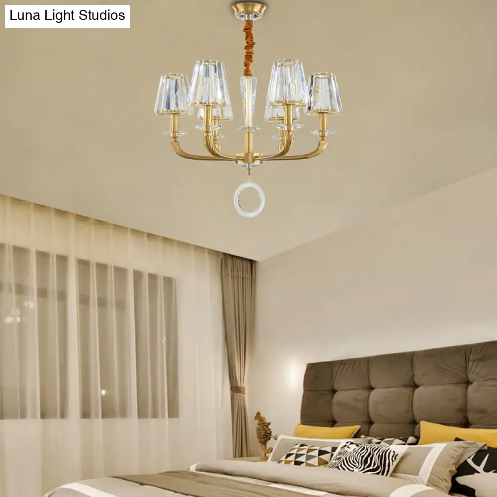 Modern Brass Pendant Light Fixture With Clear Crystal Cone Shade - 6 Chandelier For Bedroom