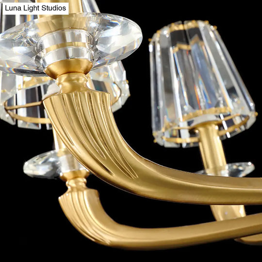 Modern Brass Pendant Light Fixture With Clear Crystal Cone Shade - 6 Chandelier For Bedroom