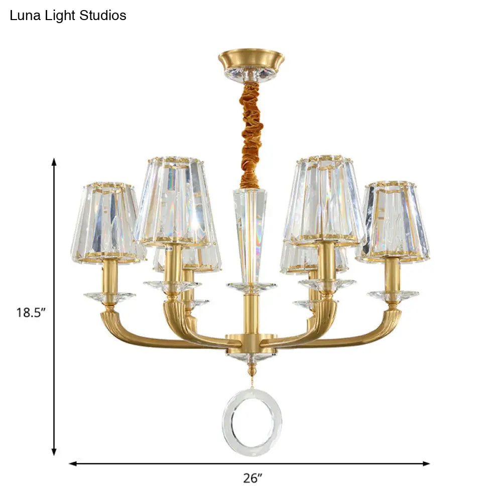 Modern Brass Pendant Light Fixture With Clear Crystal Cone Shade - 6 Chandelier For Bedroom