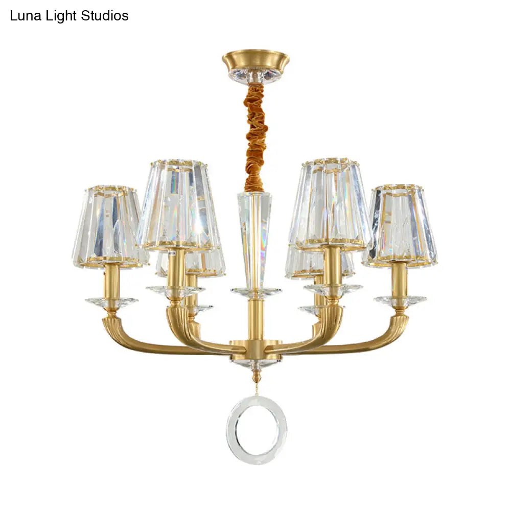 Modern Brass Pendant Light Fixture With Clear Crystal Cone Shade - 6 Chandelier For Bedroom