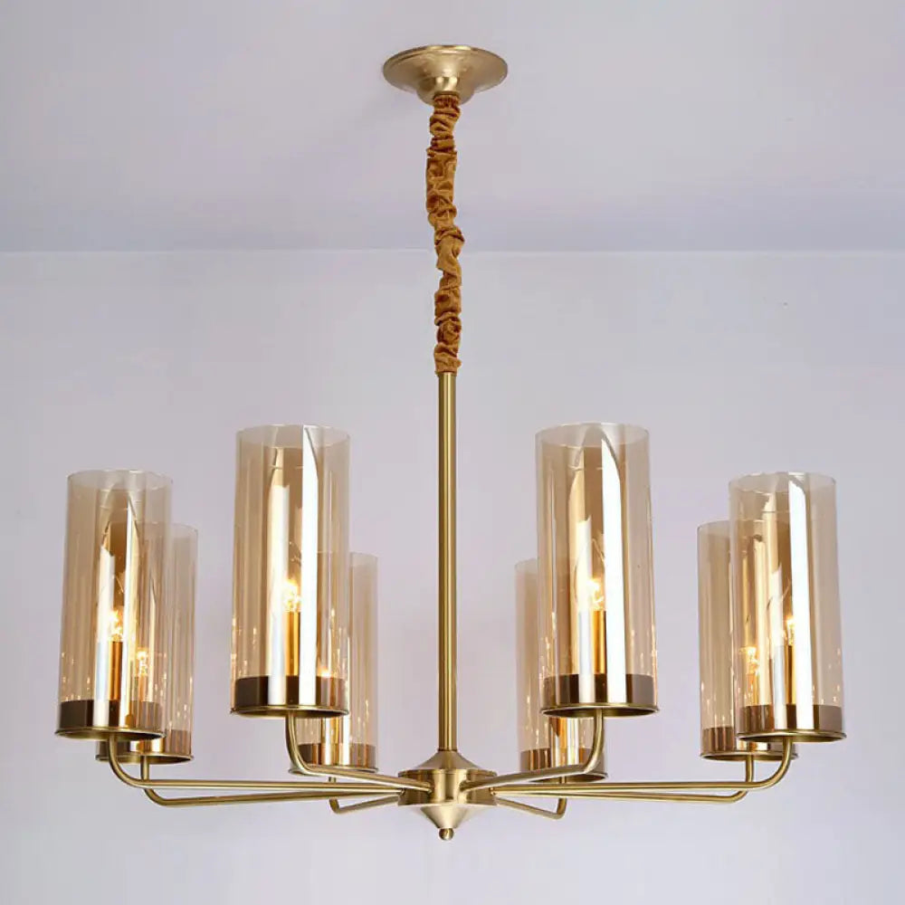 Modern Brass Pendant Light: Tubular Up Chandelier For Living Room - Glass Hanging Fixture 8 / Amber