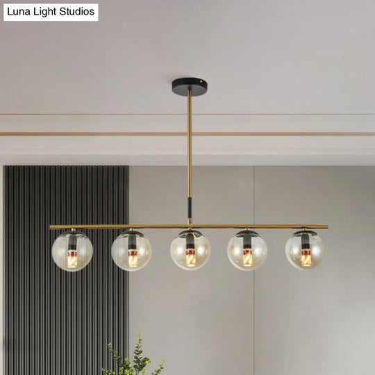 Modern Brass Pendant Light With 5 Cognac Glass Shades - Linear Dining Room Island Lamp