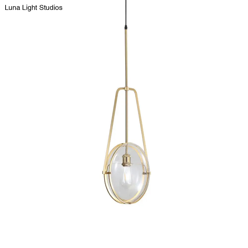 Contemporary Brass Oval Pendant Light With Clear Glass And Halberd Frame - 1-Light Ceiling Lamp