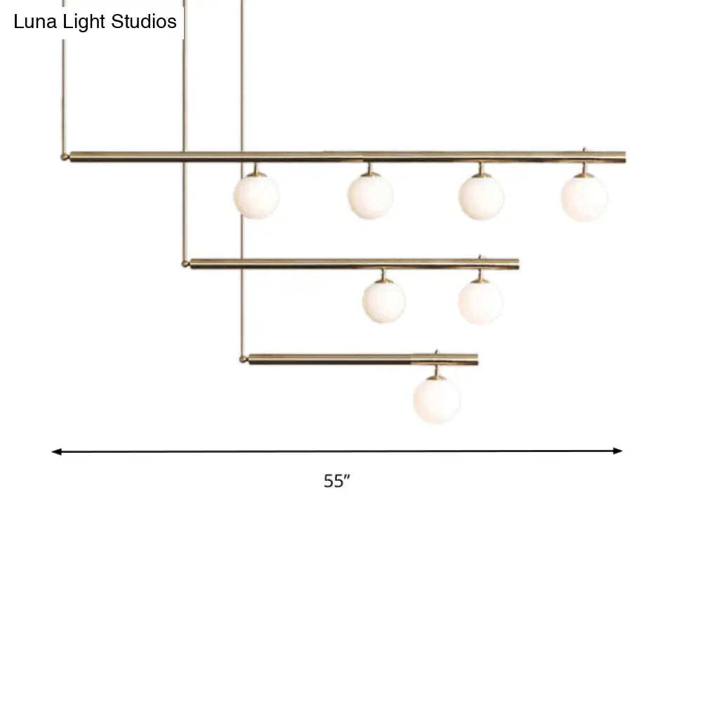 Modern Brass Pendant Light With Orbit Shade: Linear Office Chandelier (3/6/7 Lights)