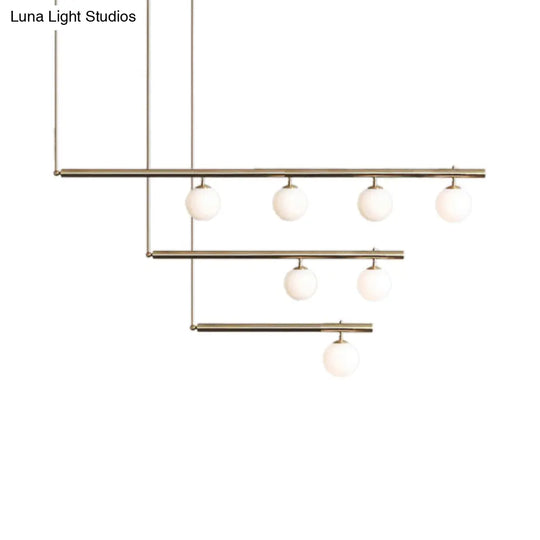 Modern Brass Pendant Light With Orbit Shade: Linear Office Chandelier (3/6/7 Lights)