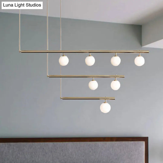 Modern Brass Pendant Light With Orbit Shade: Linear Office Chandelier (3/6/7 Lights)