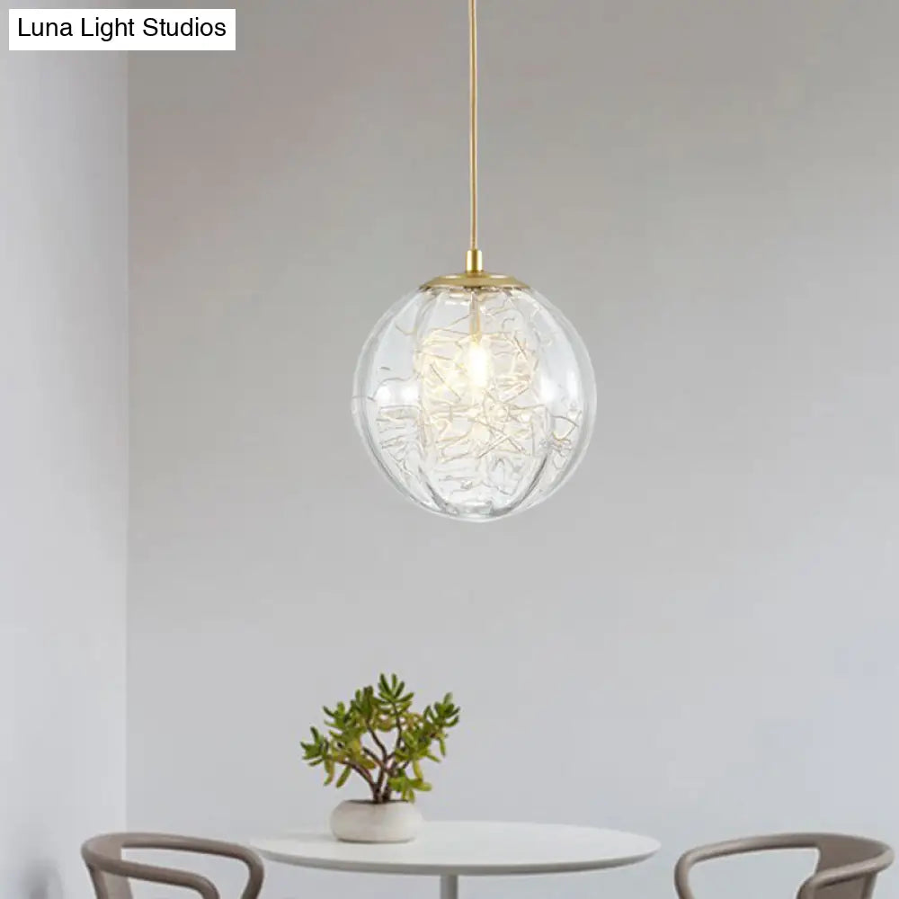 Modern Brass Pumpkin Ball Pendant Lamp With Clear Glass For Bedside Lighting