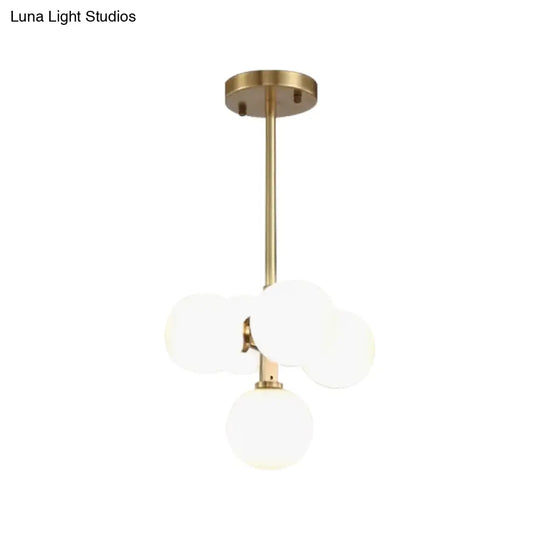 Modern Brass Round Hanging Chandelier With 5 White Frosted Glass Led Pendant Lights