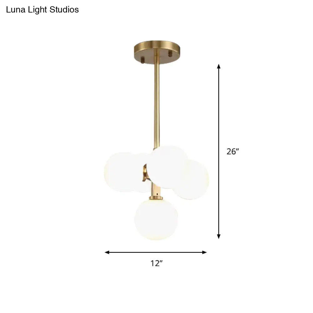 Modern Brass Round Hanging Chandelier With 5 White Frosted Glass Led Pendant Lights