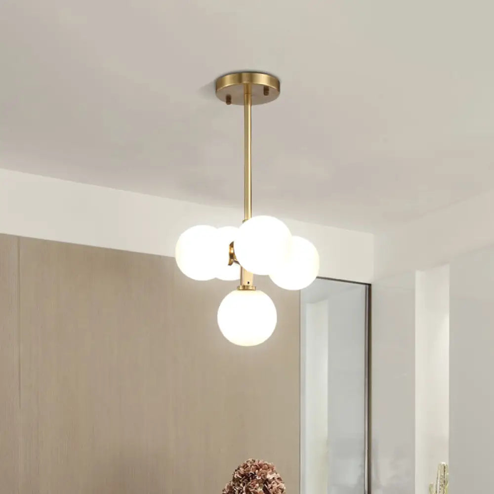 Modern Brass Round Hanging Chandelier With 5 White Frosted Glass Led Pendant Lights