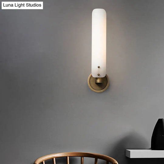 Modern Brass Sconce Light Fixture With Opal Glass Shade - Bedroom Wall Lamp