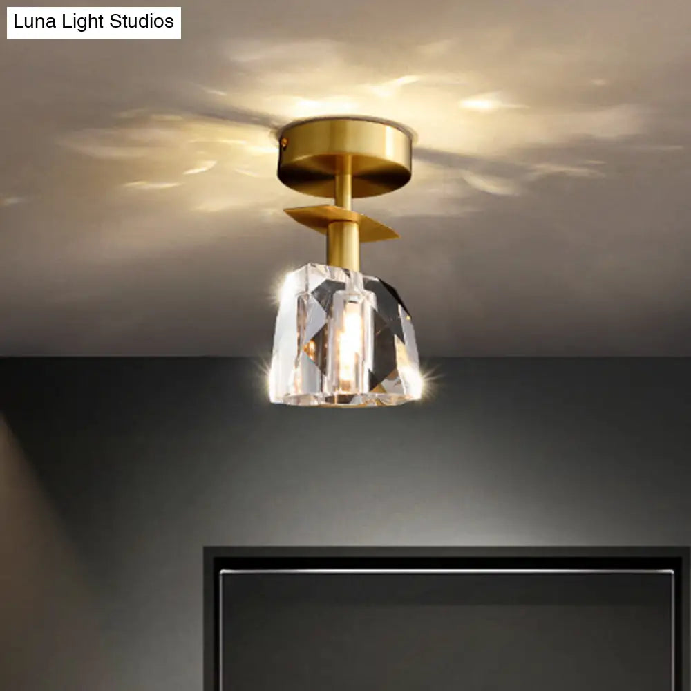 Modern Brass Semi Flush Ceiling Light - Clear Bevel Cut Glass Irregular Half Sphere Design