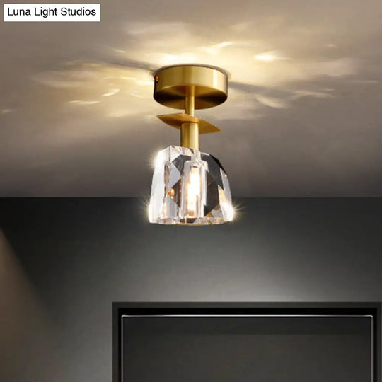 Modern Brass Semi Flush Ceiling Light - Clear Bevel Cut Glass Irregular Half Sphere Design