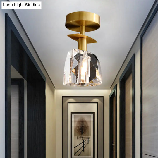 Modern Brass Semi Flush Ceiling Light - Clear Bevel Cut Glass Irregular Half Sphere Design