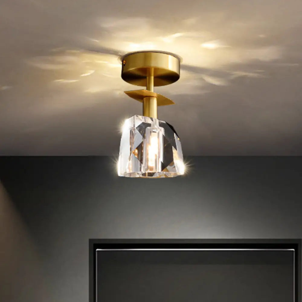 Modern Brass Semi Flush Ceiling Light - Clear Bevel Cut Glass Irregular Half Sphere Design