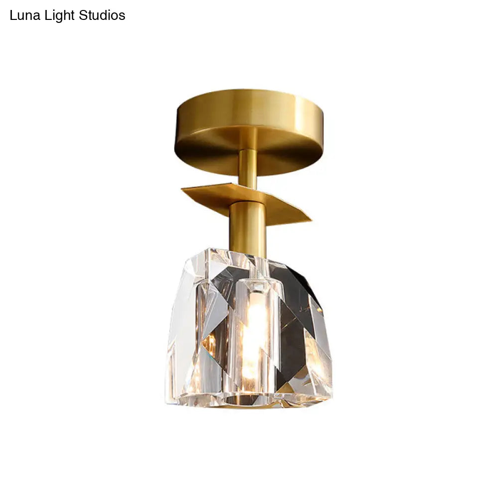 Modern Brass Semi Flush Ceiling Light - Clear Bevel Cut Glass Irregular Half Sphere Design