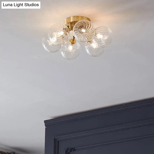 Modern Brass Semi-Flush Ceiling Light With Clear Twist Glass For Dining Room Lighting