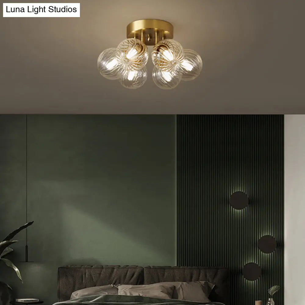 Modern Brass Semi-Flush Ceiling Light With Clear Twist Glass For Dining Room Lighting