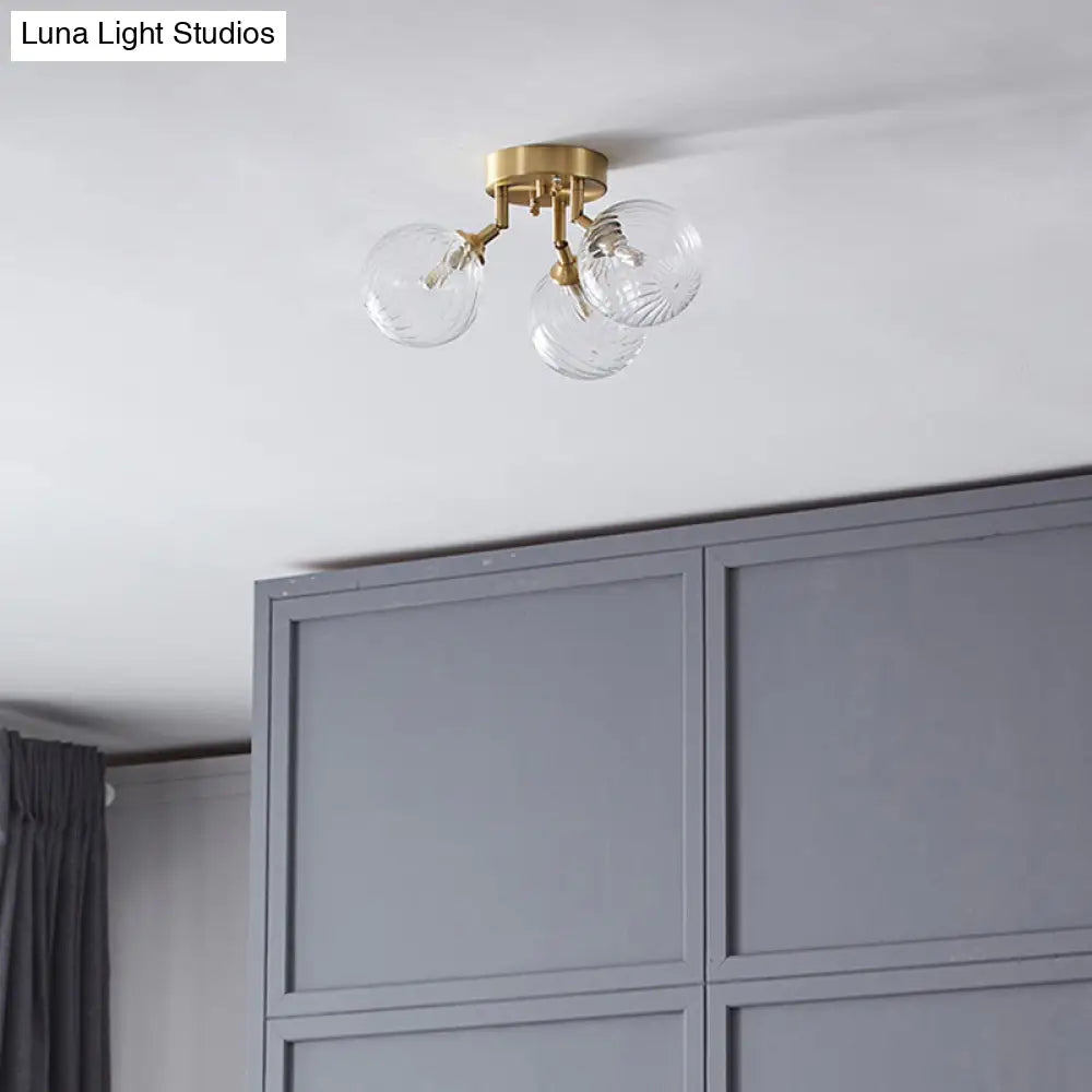 Modern Brass Semi-Flush Ceiling Light With Clear Twist Glass For Dining Room Lighting