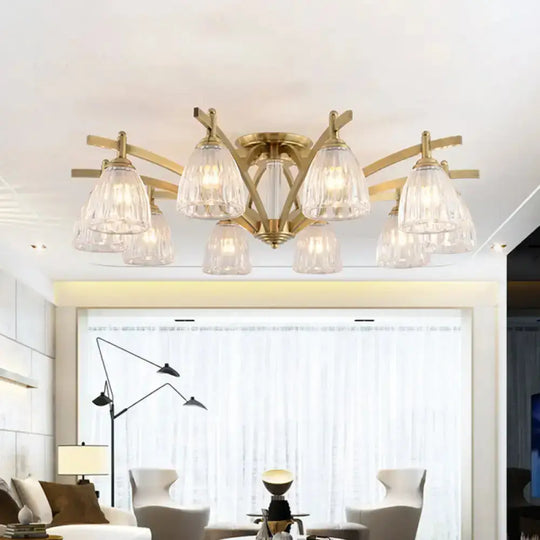 Modern Brass Semi Flush Mount Chandelier - Bell Textured Glass Ceiling Light For Living Room (3/6/8