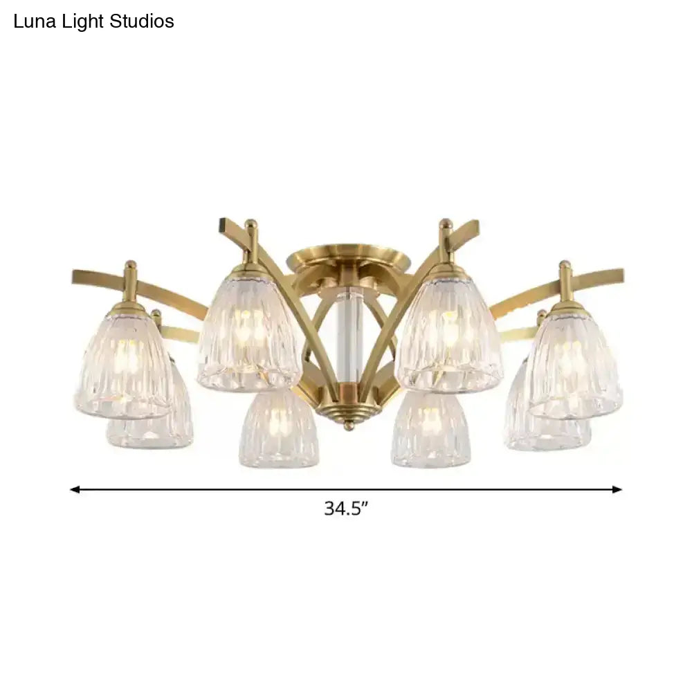 Modern Brass Semi Flush Mount Chandelier - Bell Textured Glass Ceiling Light For Living Room (3/6/8