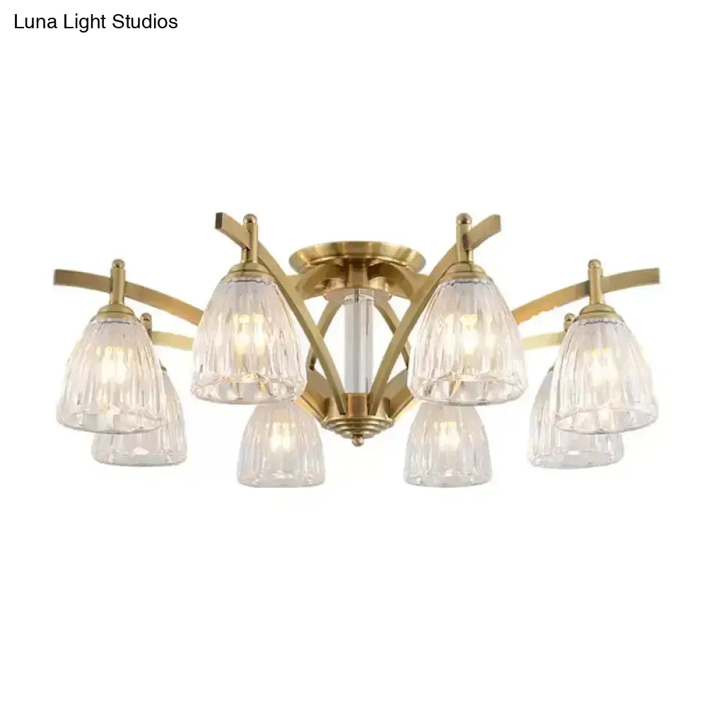 Modern Brass Semi Flush Mount Chandelier - Bell Textured Glass Ceiling Light For Living Room (3/6/8