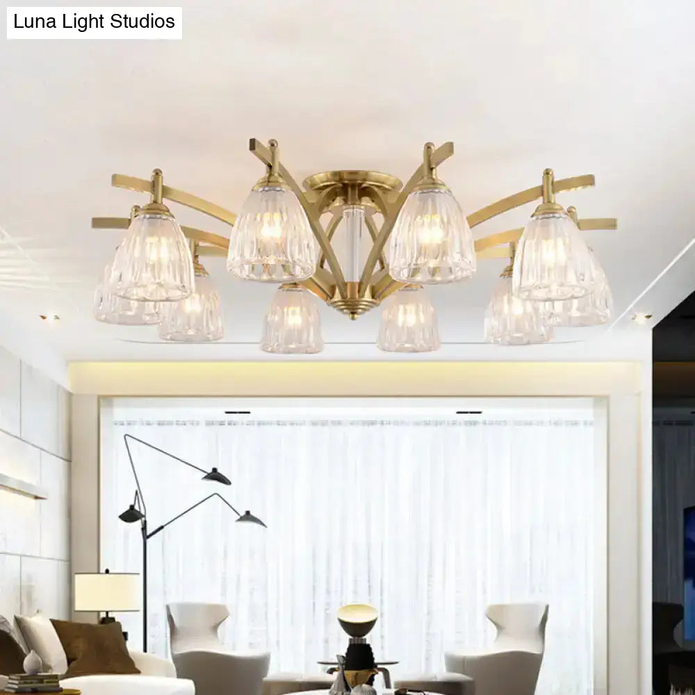 Modern Brass Semi Flush Mount Chandelier - Bell Textured Glass Ceiling Light For Living Room (3/6/8