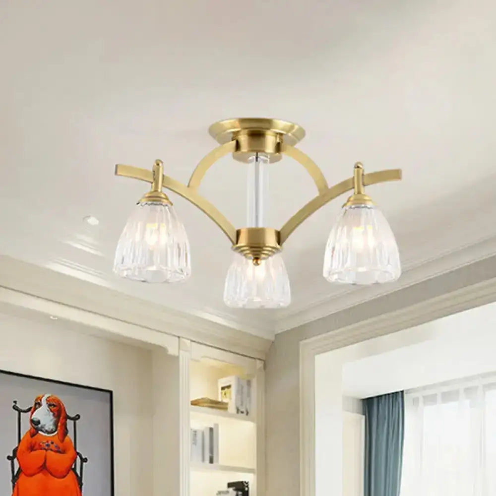 Modern Brass Semi Flush Mount Chandelier - Bell Textured Glass Ceiling Light For Living Room (3/6/8