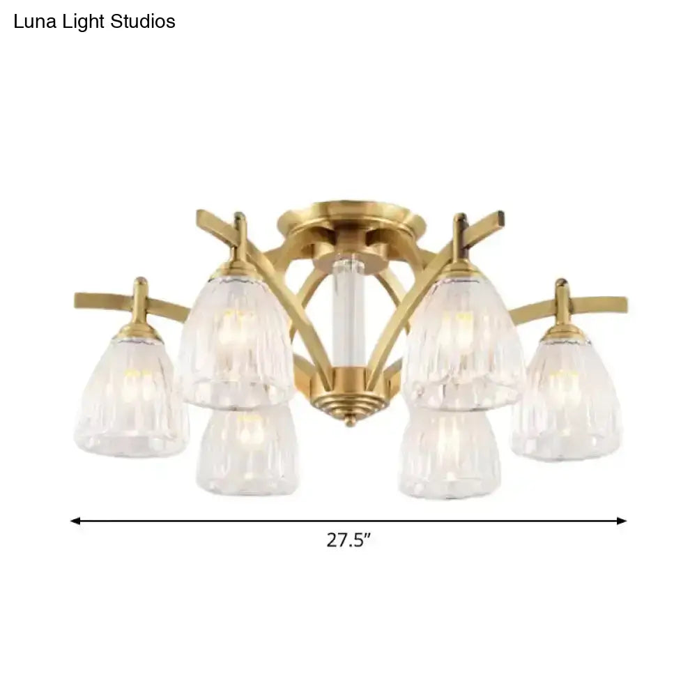 Modern Brass Semi Flush Mount Chandelier - Bell Textured Glass Ceiling Light For Living Room (3/6/8