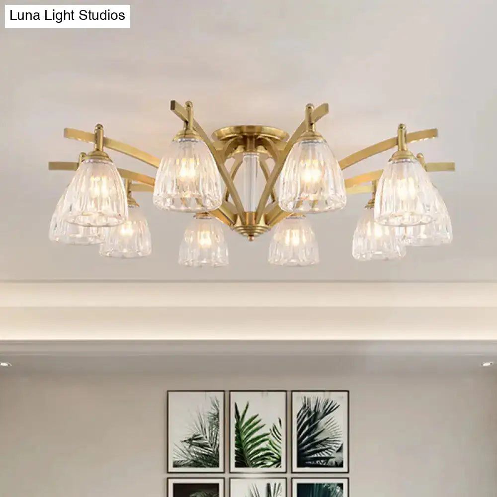 Modern Brass Semi Flush Mount Chandelier - Bell Textured Glass Ceiling Light For Living Room (3/6/8