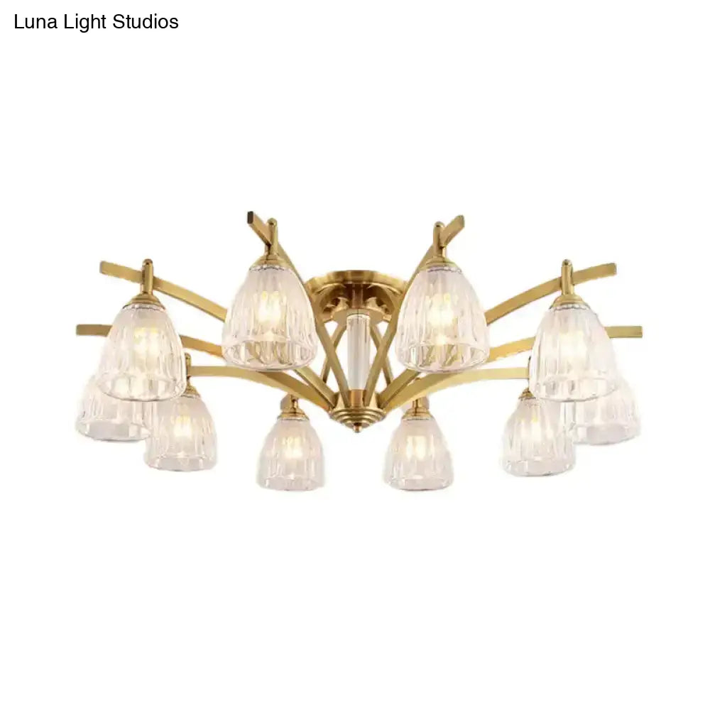 Modern Brass Semi Flush Mount Chandelier - Bell Textured Glass Ceiling Light For Living Room (3/6/8