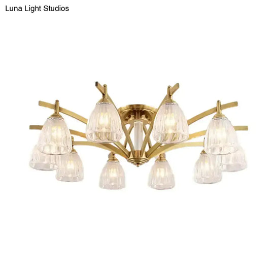 Modern Brass Semi Flush Mount Chandelier - Bell Textured Glass Ceiling Light For Living Room (3/6/8