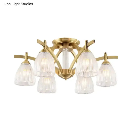 Modern Brass Semi Flush Mount Chandelier - Bell Textured Glass Ceiling Light For Living Room (3/6/8