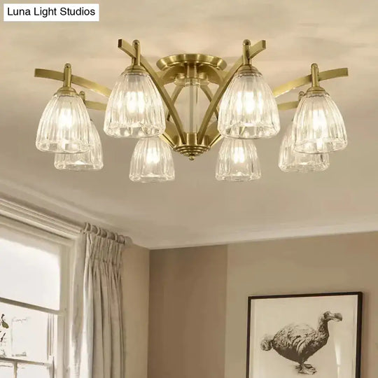 Modern Brass Semi Flush Mount Chandelier - Bell Textured Glass Ceiling Light For Living Room (3/6/8