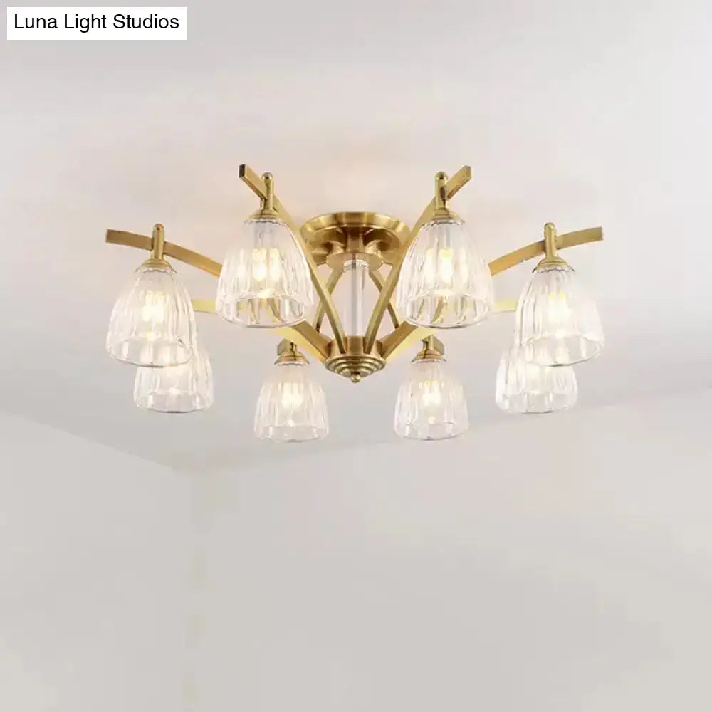 Modern Brass Semi Flush Mount Chandelier - Bell Textured Glass Ceiling Light For Living Room (3/6/8