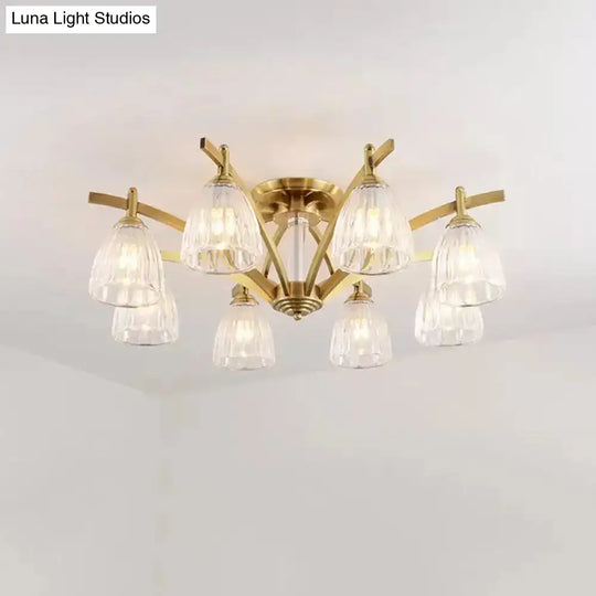 Modern Brass Semi Flush Mount Chandelier - Bell Textured Glass Ceiling Light For Living Room (3/6/8