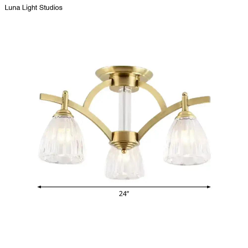 Modern Brass Semi Flush Mount Chandelier - Bell Textured Glass Ceiling Light For Living Room (3/6/8