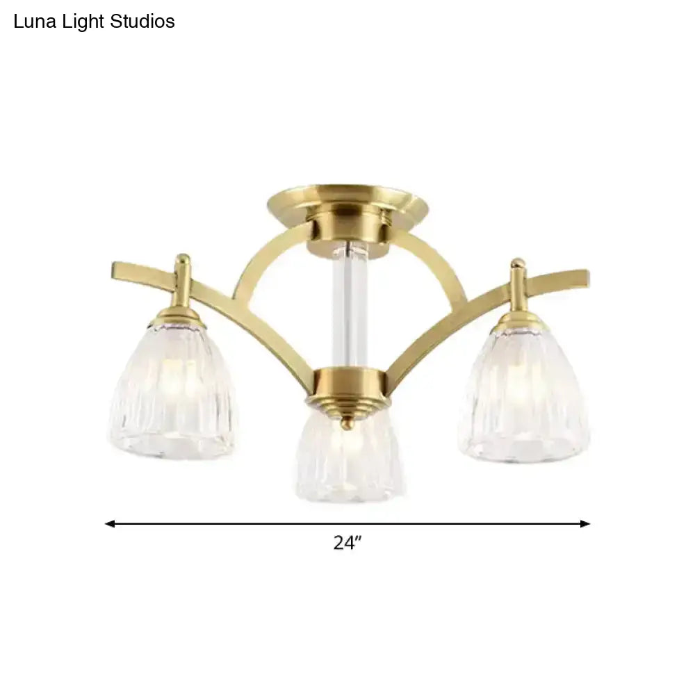 Modern Brass Semi Flush Mount Chandelier - Bell Textured Glass Ceiling Light For Living Room (3/6/8