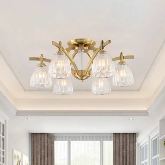 Modern Brass Semi Flush Mount Chandelier - Bell Textured Glass Ceiling Light For Living Room (3/6/8