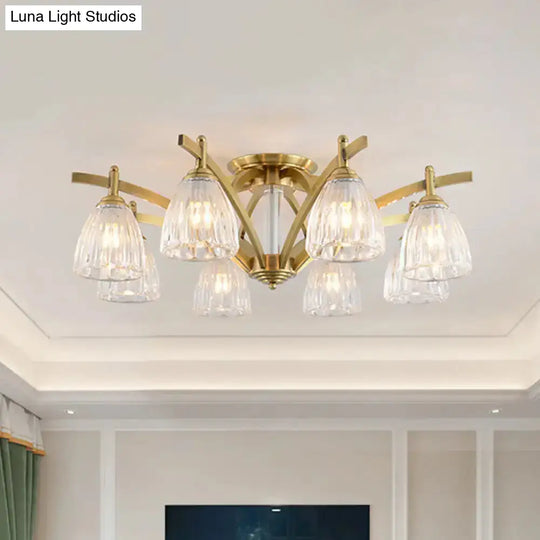 Modern Brass Semi Flush Mount Chandelier - Bell Textured Glass Ceiling Light For Living Room (3/6/8