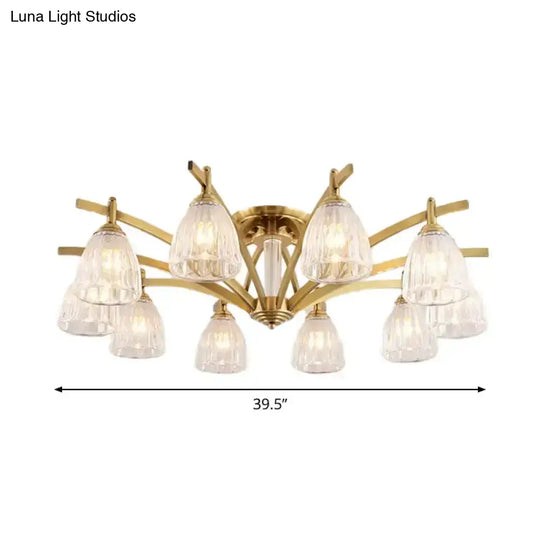 Modern Brass Semi Flush Mount Chandelier - Bell Textured Glass Ceiling Light For Living Room (3/6/8