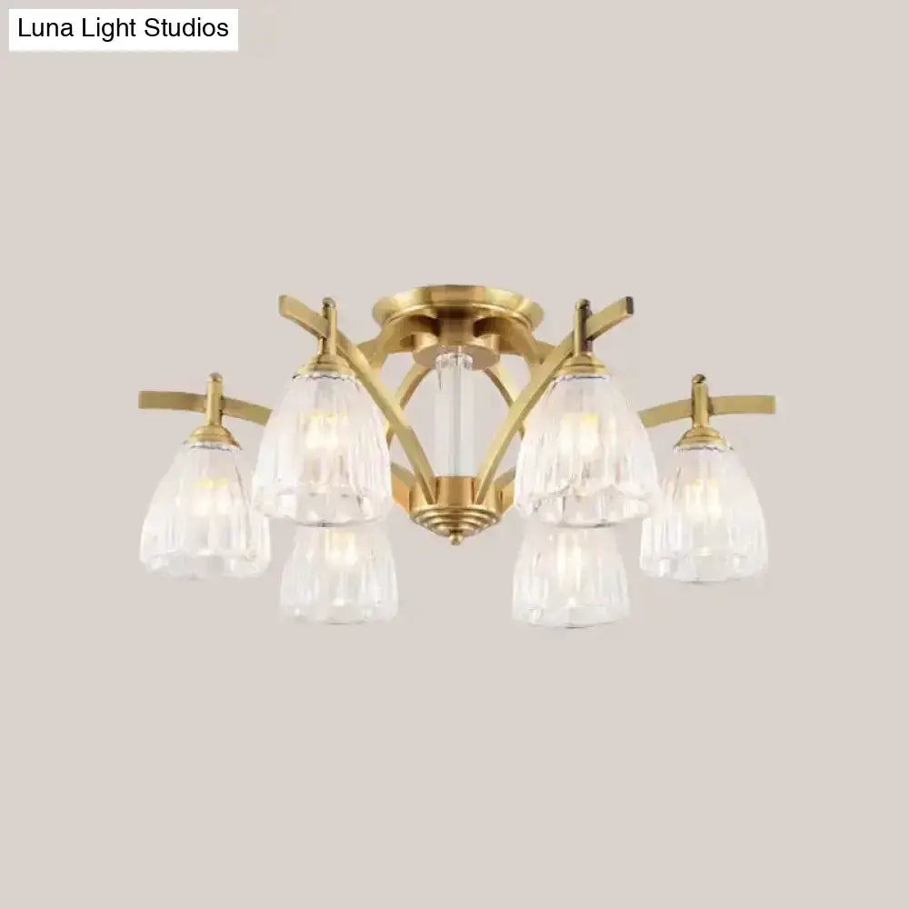 Modern Brass Semi Flush Mount Chandelier - Bell Textured Glass Ceiling Light For Living Room (3/6/8