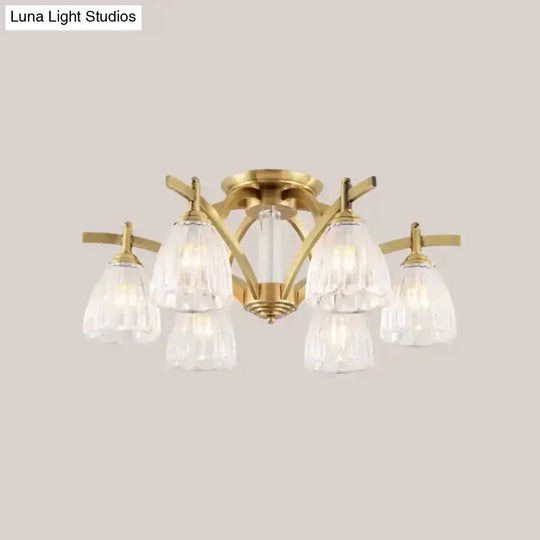 Modern Brass Semi Flush Mount Chandelier - Bell Textured Glass Ceiling Light For Living Room (3/6/8