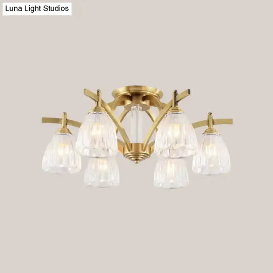 Modern Brass Semi Flush Mount Chandelier - Bell Textured Glass Ceiling Light For Living Room (3/6/8