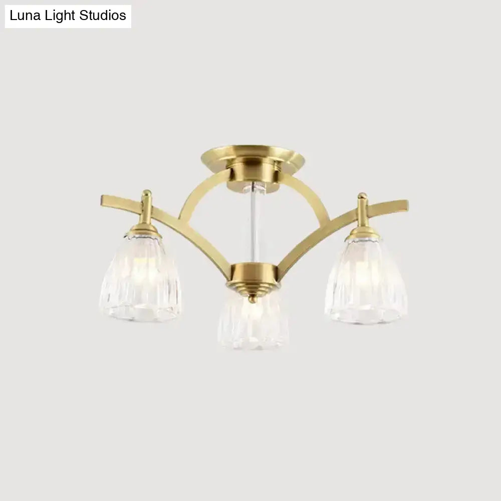 Modern Brass Semi Flush Mount Chandelier - Bell Textured Glass Ceiling Light For Living Room (3/6/8