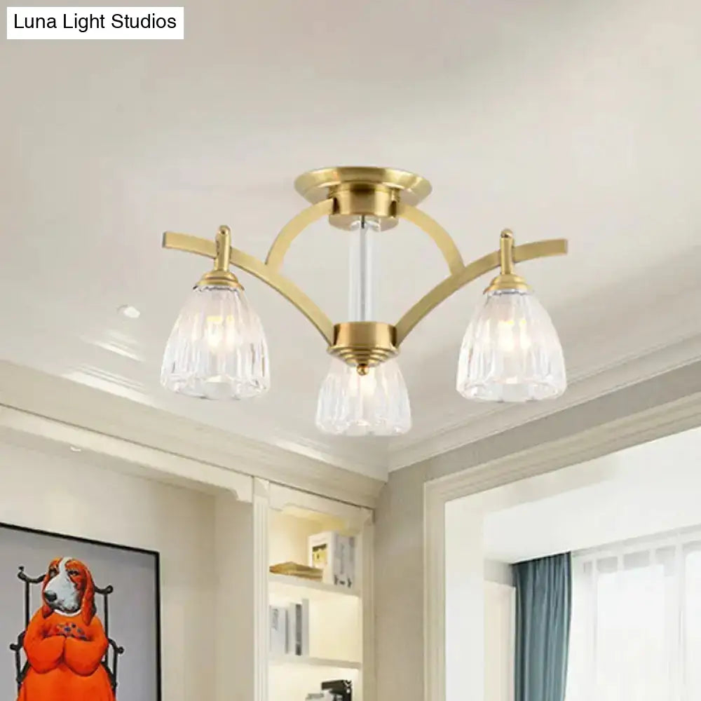 Modern Brass Semi Flush Mount Chandelier - Bell Textured Glass Ceiling Light For Living Room (3/6/8